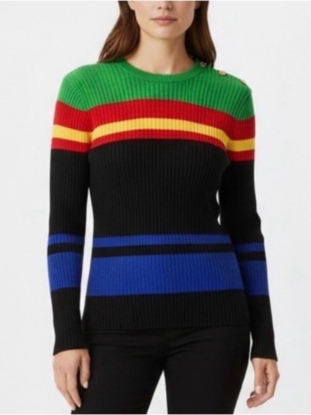 Lauren Ralph Lauren Colorblock Sweater Women L Button Shoulder Ribbed Cotton